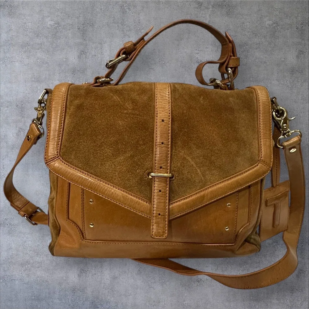 Tory Burch 797 Satchel Bag Womens Medium Tan Suede Leather Crossbody HTF-READ